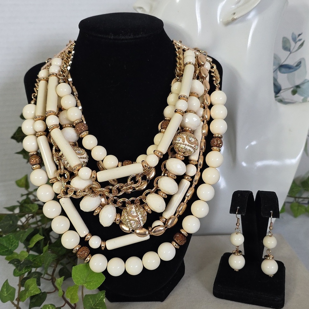 Gold And Ivory Bead Multi Strand Statement Necklace with Earrings Set